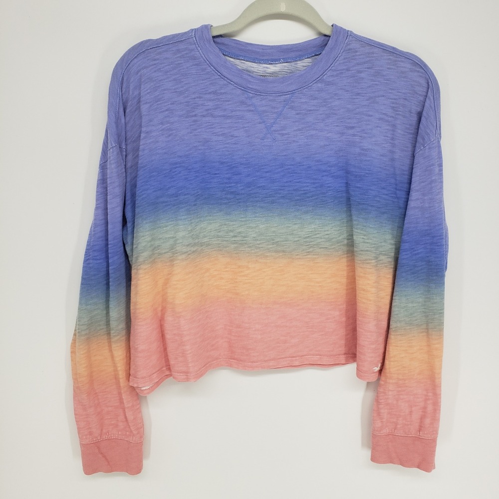 Hollister Ombre Rainbow Cropped Long Sleeve Top Womens Small Blue Pink Cotton